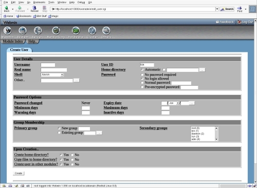 Figure 1. Webmin's Create User screen